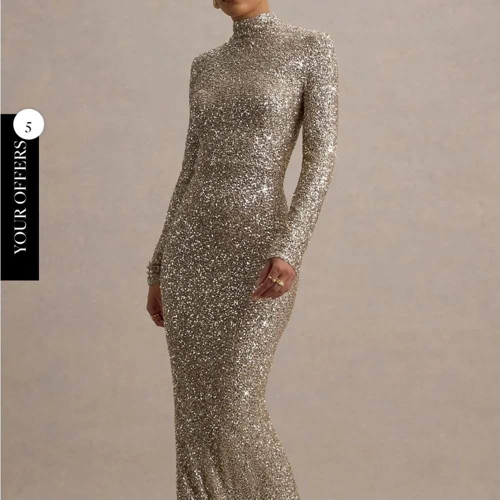 Club L London Galaxy Champagne Sequin Turtle Neck Gold Maxi Dress Size 10 NWT - Picture 4 of 8